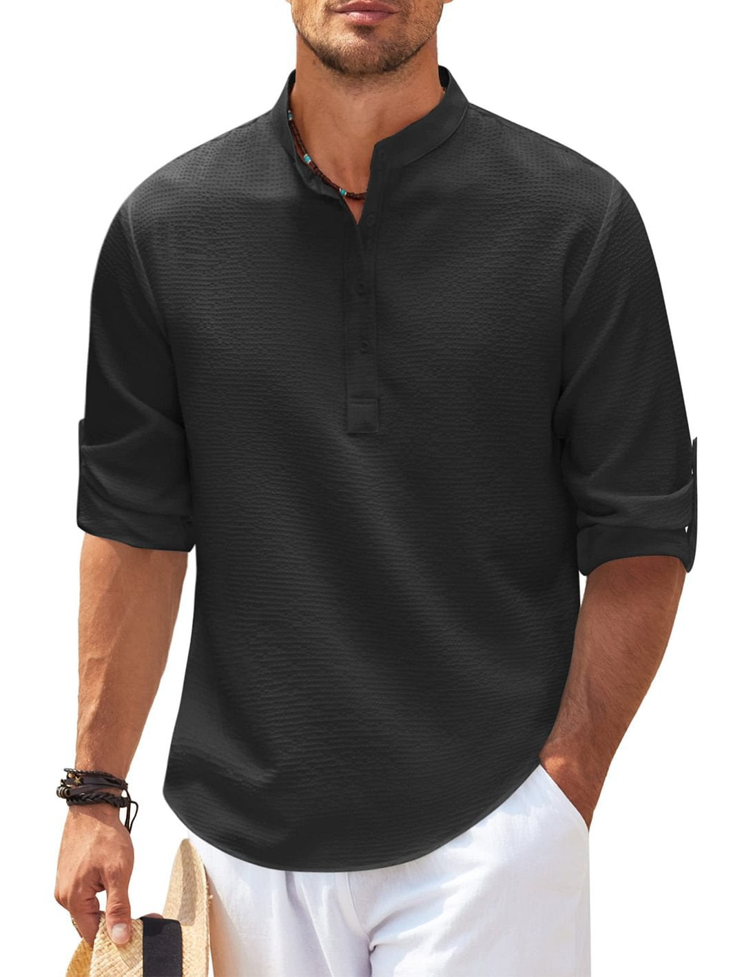 Men's Stand Collar Open Button Shirt Casual Shirt Tops